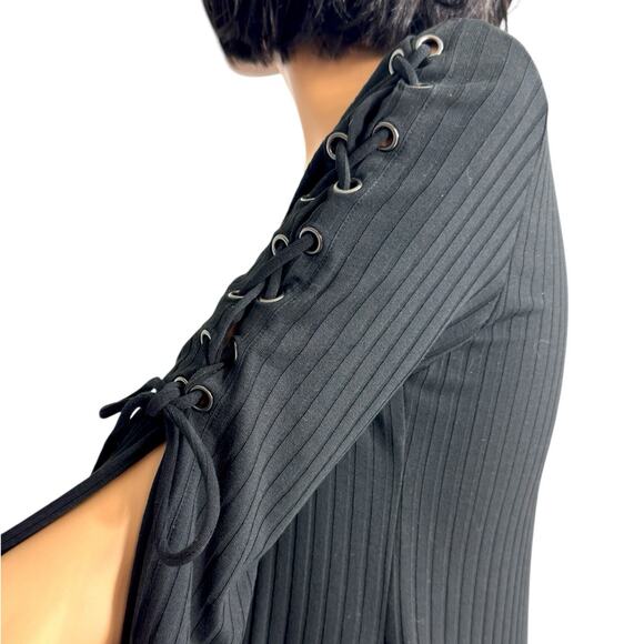 Hayden Black Ribbed Dress M Grommet Laced 3/4 Sleeve Goth Grunge Edgy Rocker Y2k - Picture 4 of 12